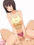  1girl bare_shoulders black_hair blush breasts brown_eyes censored eve_(artist) girl_on_top highres large_breasts legs looking_down lying midriff navel open_mouth panties panties_aside pussy sex short_hair simple_background sitting sitting_on_person thighs underwear vaginal white_background 