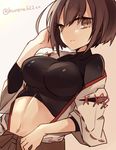  blouse breasts brown_eyes brown_hair crop_top highres hyuuga_(kantai_collection) japanese_clothes kantai_collection medium_breasts midriff navel orqz shirt short_hair skin_tight skirt solo taut_clothes taut_shirt undershirt 