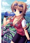  absurdres bicycle bike_jersey bike_shorts blue_eyes bottle brand_name_imitation breasts brown_hair chisha cleavage eyewear_on_head fingerless_gloves gloves ground_vehicle hair_intakes highres large_breasts midori_no_umi open_clothes open_shirt shirt sunglasses water_bottle yukie_(peach_candy) 