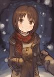  blush brown_eyes brown_hair coat highres holding_hands kyuri mittens original out_of_frame pov pov_hands scarf sketch smile snowing solo_focus winter_clothes 