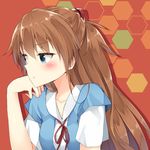  blue_eyes brown_hair collarbone hair_ornament head_rest long_hair looking_away masuishi_kinoto neon_genesis_evangelion pout school_uniform shikinami_asuka_langley solo souryuu_asuka_langley 