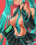  aqua_hair aqua_neckwear between_breasts breasts cover dr_rex hatsune_miku head_out_of_frame large_breasts long_hair magazine_cover necktie necktie_between_breasts nipples no_bra open_clothes open_shirt shirt skirt smile solo twintails vocaloid 