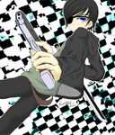  black_hair blue_eyes child chocoman2003 eyepatch gun handgun highres hood hoodie male male_focus original pants pistol shirt short_hair sling solo standing sword weapon 