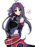  :q blue_leotard breastplate eighth_note hairband kigiri leotard long_hair musical_note pointy_ears purple_hair red_eyes simple_background solo speech_bubble spoken_musical_note sword_art_online tongue tongue_out white_background yuuki_(sao) 