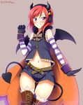  bare_shoulders bat_wings blush boots cape dated demon_girl demon_tail elbow_gloves fake_horns gloves grin halloween headphones headset highres jack-o'-lantern love_live! love_live!_school_idol_project navel nishikino_maki paw_pose pinstripe_pattern purple_eyes red_hair short_hair shorts simple_background smile solo striped striped_gloves tail thigh_boots thighhighs wings yu-ta 