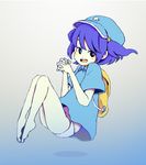  backpack bag bare_legs barefoot blue_eyes blue_hair blue_shirt bottomless full_body gradient gradient_background hair_bobbles hair_ornament hands_clasped hat interlocked_fingers kawashiro_nitori open_mouth own_hands_together panties shirt shiru_(qtb) short_hair smile solo touhou two_side_up underwear white_panties 
