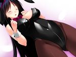  1girl animal_ears black_hair bow bowtie breasts bunny_ears bunny_girl bunnysuit cleavage eyes_closed game_cg hanitsuma,_hanitsuma_append_disc_&ldquo;cosplay_tengoku&rdquo; hanitsuma,_hanitsuma_append_disc_â€œcosplay_tengokuâ€ highres large_breasts legs long_hair open_mouth pantyhose shinonome_kasuhiko shinonome_kazuhiko simple_background solo standing thighs wrist_cuffs 