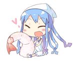  ^_^ blue_hair chibi closed_eyes hat ikamusume long_hair open_mouth shinryaku!_ikamusume shrimp simple_background sitting smile solo tunamayochan white_background 