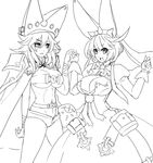  :d beltbra breasts cape cleavage cleavage_cutout dress elphelt_valentine eu03 gloves greyscale guilty_gear guilty_gear_xrd hat large_breasts monochrome multiple_girls navel open_mouth ramlethal_valentine short_hair short_shorts shorts siblings simple_background sisters sketch smile underboob white_background 