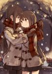  adjusting_another's_clothes adjusting_scarf bag black_legwear brown_eyes brown_hair coat coffee_cup cup disposable_cup dressing_another duffel_coat gloves highres kyuri long_hair looking_at_another multiple_girls original pantyhose profile revision scarf school_bag skirt smile snowing steam tree winter winter_clothes yuri 
