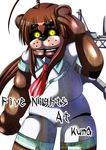  brown_hair commentary cosplay crossover english eyebrows five_nights_at_freddy's freddy_fazbear glowing glowing_eyes highres kantai_collection kuma_(kantai_collection) kuma_(kantai_collection)_(cosplay) no_humans pun reverse_translation teikoku_gensui thick_eyebrows 