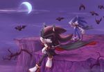  2boys artist_request bandage bat cane cape crescent_moon gloves green_eyes halloween highres male male_focus moon multiple_boys no_humans red_eyes shadow_the_hedgehog shoes sitting smile sonic sonic_the_hedgehog 