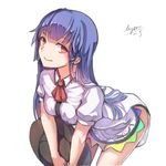  bent_over blue_hair breasts hat hat_removed headwear_removed highres hinanawi_tenshi holding holding_hat long_hair looking_at_viewer medium_breasts myero naked_shirt no_pants pink_eyes puffy_short_sleeves puffy_sleeves shirt short_sleeves smile solo thighs touhou very_long_hair 