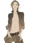  breasts brown_eyes brown_hair cargo_pants jacket long_hair medium_breasts midriff no_shirt open_clothes open_jacket pants solo sun_jing tamen_de_gushi tanjiu white_background 