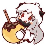  :d ahoge blush_stickers chibi dress food horns kantai_collection long_hair mittens northern_ocean_hime nuu_(nu-nyu) object_hug open_mouth pale_skin red_eyes shinkaisei-kan simple_background smile solo takoyaki white_background white_dress white_hair 