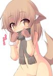  animal_ears blush breasts brown_eyes brown_hair gloves kourourin long_hair looking_at_viewer naked_scarf navel nipples original pussy scarf small_breasts solo tail 