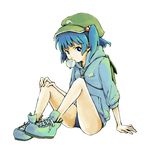  backpack bad_id bad_pixiv_id bag blue_eyes blue_hair bubble_blowing chewing_gum hair_bobbles hair_ornament hat hood hoodie kawashiro_nitori key looking_at_viewer one-piece_swimsuit school_swimsuit shirt shiru_(qtb) shoes short_hair sitting sleeves_rolled_up sneakers solo swimsuit swimsuit_under_clothes touhou two_side_up 