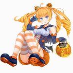  :q bat_wings black_gloves bloomers blue_eyes blush breasts candy capelet double_bun drill_hair elbow_gloves food gloves halloween halloween_costume irohasu jack-o'-lantern long_hair looking_at_viewer low_wings medium_breasts official_art orange_bloomers simple_background solo striped striped_legwear tentacles_tactics tongue tongue_out underwear white_background wings 