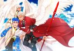  angel archer blue_hair cape capelet emiya_shirou fate/stay_night fate_(series) gae_bolg getueika lancer long_hair male_focus multiple_boys polearm ponytail red_eyes spear weapon white_hair wings 