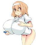  1girl blonde_hair blush breasts brown_eyes female hairband hand_on_own_chest huge_breasts leaning_forward nira open_mouth simple_background solo standing thighs white_background 