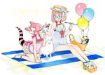  anklet balloon barefoot basket blue_eyes bracelet breasts closed_eyes food glasses hat jewelry l_hakase large_breasts livly_island multiple_girls necklace open_mouth pink_hair platform_footwear see-through short_hair sitting tail tongue tongue_out white_background 