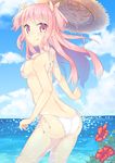  :q ass back bikini breasts cloud day flower from_behind hair_ribbon hat hat_removed headwear_removed hibiscus highres horizon long_hair looking_at_viewer looking_back medium_breasts ocean original outdoors pink_eyes pink_hair ribbon sideboob sky solo standing strap_gap straw_hat swimsuit tongue tongue_out tunamayochan two_side_up wading white_bikini 