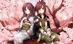  1girl bad_id bad_pixiv_id blurry brown_eyes brown_hair cherry_blossoms depth_of_field green_eyes hair_ribbon japanese_clothes kayo_(ken_ga_kimi) ken_ga_kimi kimono long_hair looking_at_viewer petals ponytail ribbon sakura_yuki_(clochette) sitting smile suzukake_(ken_ga_kimi) tree tree_branch 