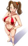  1girl :d barefoot bikini blush breasts brown_hair criss-cross_halter gundam gundam_build_fighters gundam_build_fighters_try halter_top halterneck hands_on_hips jpeg_artifacts large_breasts legs looking_at_viewer nokoppa open_mouth plump sazaki_kaoruko shadow simple_background sling_bikini smile solo swimsuit thighs twintails white_background yellow_eyes 