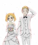  1girl :&lt; blonde_hair bouquet closed_mouth dress flower hatsunatsu hetero holding_hands ribbon shirobako takanashi_tarou twintails v-shaped_eyebrows wedding_dress yano_erika 