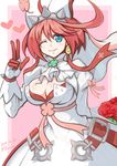  ahoge blue_eyes blush bow bra breasts bridal_veil cleavage clover cravat dated dress elphelt_valentine flower four-leaf_clover gloves guilty_gear guilty_gear_xrd hairband heart huge_ahoge large_breasts long_sleeves one_eye_closed pink_bow pink_hair puffy_long_sleeves puffy_sleeves qontamblue red_bra red_flower red_rose rose short_hair solo spikes twitter_username underwear veil white_dress 