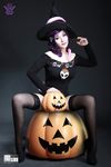  asian cosplay feet halloween hat high_heels lace lace-trimmed_thighhighs photo pumpkin purple_hair tentacle thighhighs witch_hat zone-tan 
