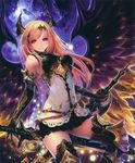  absurdres armor black_wings blonde_hair breasts dark_angel_olivia highres horns huge_filesize light_particles long_hair medium_breasts pleated_skirt red_eyes shadowverse shingeki_no_bahamut skirt solo sword tachikawa_mushimaro weapon wings 