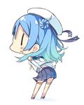  =d blue_hair chibi double_bun elbow_gloves gloves hat kantai_collection looking_at_viewer pleated_skirt school_uniform serafuku short_hair skirt sleeves_rolled_up solo tunamayochan urakaze_(kantai_collection) white_gloves white_hat |_| 