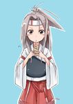  azu_(azusayumix) drink drinking drinking_straw grey_hair hachimaki headband japanese_clothes juice_box kantai_collection ponytail zuihou_(kantai_collection) 