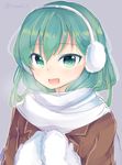  :d bad_id bad_pixiv_id earmuffs enpera green_eyes green_hair highres kantai_collection mittens momoirone open_mouth scarf smile solo suzuya_(kantai_collection) tsurime twitter_username upper_body 