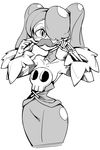 1girl blush detached_collar detached_sleeves dress fake_mustache hair_over_one_eye inarou_(rakugakiproject) skull skullgirls solo squigly_(skullgirls) stitched_mouth twintails zombie 