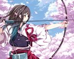  aiming akagi_(kantai_collection) aqua_hair archery arrow bad_id bad_pixiv_id blue_sky bow_(weapon) brown_eyes brown_hair cherry_blossoms day drawing_bow gloves gradient_hair hakama_skirt hikobae holding holding_arrow holding_bow_(weapon) holding_weapon japanese_clothes kantai_collection kyuudou long_hair looking_away multicolored_hair muneate outdoors outstretched_arm partly_fingerless_gloves sky solo tasuki upper_body weapon wide_sleeves yugake 