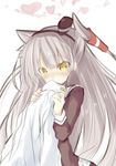  amatsukaze_(kantai_collection) blush clothes_sniffing dress hair_tubes hat heart hizaka jacket kantai_collection long_hair long_sleeves military military_uniform mini_hat naval_uniform nose_blush sailor_dress silver_hair smelling solo two_side_up uniform white_background yellow_eyes 