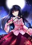  black_hair bow branch floral_print full_moon houraisan_kaguya jeweled_branch_of_hourai long_hair long_sleeves looking_at_viewer moon night red_eyes shirt skirt sky smile solo touhou uranaishi_(miraura) very_long_hair wide_sleeves 