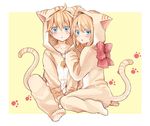  1girl animal_costume animal_ears bell blonde_hair blue_eyes bow brother_and_sister cat_costume cat_ears cat_tail hair_ornament hairclip hood kagamine_len kagamine_rin looking_at_viewer momomochi short_hair siblings tail vocaloid yellow_background 