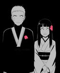  black_background couple flower formal hair_flower hair_ornament hime_cut husband_and_wife hyuuga_hinata japanese_clothes monochrome naruto naruto:_the_last nattouh nguyen_quynh_chi smile spiked_hair spoilers spot_color uzumaki_naruto wedding whiskers 