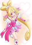  aida_mana arm_warmers blonde_hair boots bow cure_heart detached_sleeves dokidoki!_precure dress earrings hair_ornament half_updo heart heart_earrings jewelry long_hair magical_girl open_mouth pink_bow pink_eyes pink_footwear pink_sleeves ponytail precure skirt smile solo t2r 