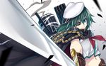  &gt;:) brown_gloves cape eyepatch gloves green_eyes green_hair h-new hat highres holding kantai_collection kiso_(kantai_collection) looking_at_viewer machinery navel remodel_(kantai_collection) school_uniform serafuku short_hair smile solo sword v-shaped_eyebrows weapon wind 