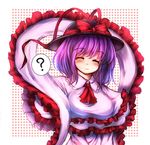  bow closed_eyes frills hat maru_daizu_(aqua6233) nagae_iku purple_hair ribbon shawl short_hair smile solo touhou 