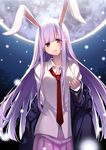  animal_ears blazer blush bunny_ears cowboy_shot extra_ears jacket kyon_(fuuran) long_hair looking_at_viewer moon necktie night off_shoulder parted_lips purple_hair red_eyes red_neckwear reisen_udongein_inaba skirt solo touhou very_long_hair 