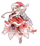  adapted_costume bare_shoulders bell black_gloves blush bow braid breasts cherry2317 christmas dress elbow_gloves full_body fur_trim gloves hair_bow hair_ornament halterneck hat leg_up light_valkyrie_(p&amp;d) long_hair medium_breasts orange_eyes puzzle_&amp;_dragons red_bow santa_costume santa_hat silver_hair smile solo star striped striped_legwear thighhighs tri_braids valkyrie_(p&amp;d) very_long_hair wings wreath 