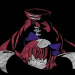  bad_id bad_pixiv_id black_background bow cape disembodied_head hair_bow hand_on_own_head headless holding_head indian_style kneehighs oimo_(imoyoukan) red_hair sekibanki short_hair simple_background sitting sleeping touhou 