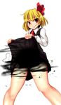  absurdres bad_id bad_pixiv_id black_dress blonde_hair commentary darkness dress dress_lift fangs grin hair_ribbon highres long_sleeves looking_at_viewer nanahi_toshi red_eyes ribbon rumia shirt smile solo touhou 