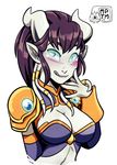  borrowed_character breasts cleavage detached_sleeves draenei green_eyes medium_breasts monara my_pet_tentacle_monster pointy_ears purple_hair purple_skin short_hair solo warcraft 