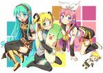  all_fours aqua_eyes aqua_hair belt blonde_hair blue_eyes blush boots bvj character_doll cosplay costume_switch cross-laced_footwear detached_sleeves green_eyes hair_ribbon hatsune_miku hatsune_miku_(cosplay) headphones headset highres kagamine_len kagamine_rin kagamine_rin_(cosplay) knee_boots lace-up_boots leg_warmers long_hair megurine_luka megurine_luka_(cosplay) multiple_girls necktie one_eye_closed open_mouth pink_hair ribbon sailor_collar short_twintails sitting skirt smile spring_onion tattoo thigh_boots thighhighs twintails v very_long_hair vocaloid wariza wavy_mouth 